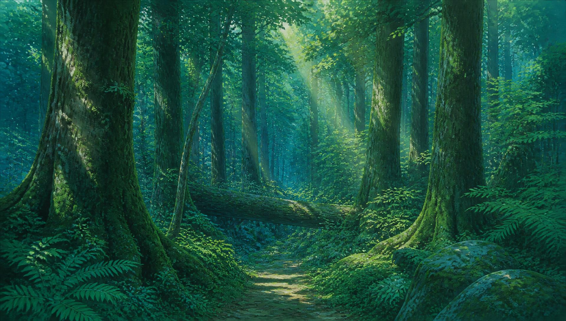 A layered painterly forest interior with sunbeams through the canopy