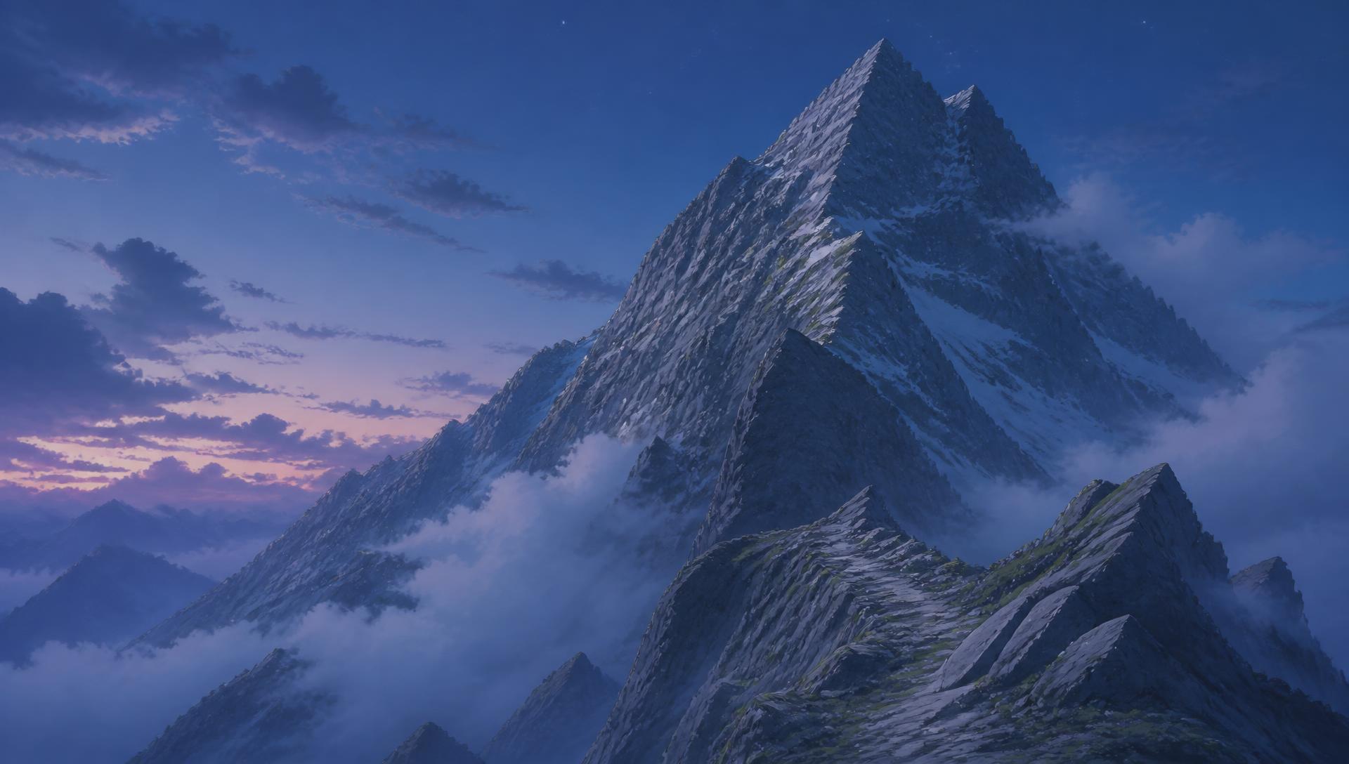 A dramatic painterly mountain peak with weather rolling across exposed rock