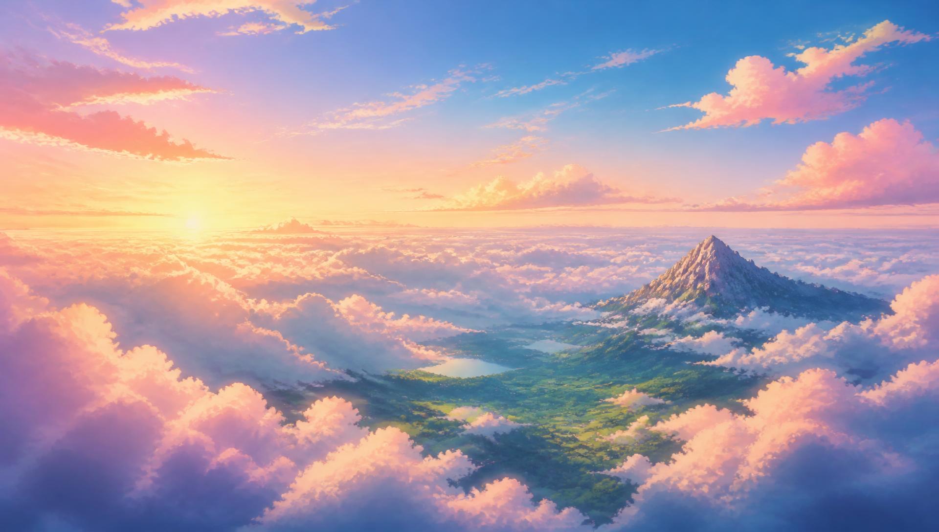 The whole landscape seen from above the clouds at golden dusk