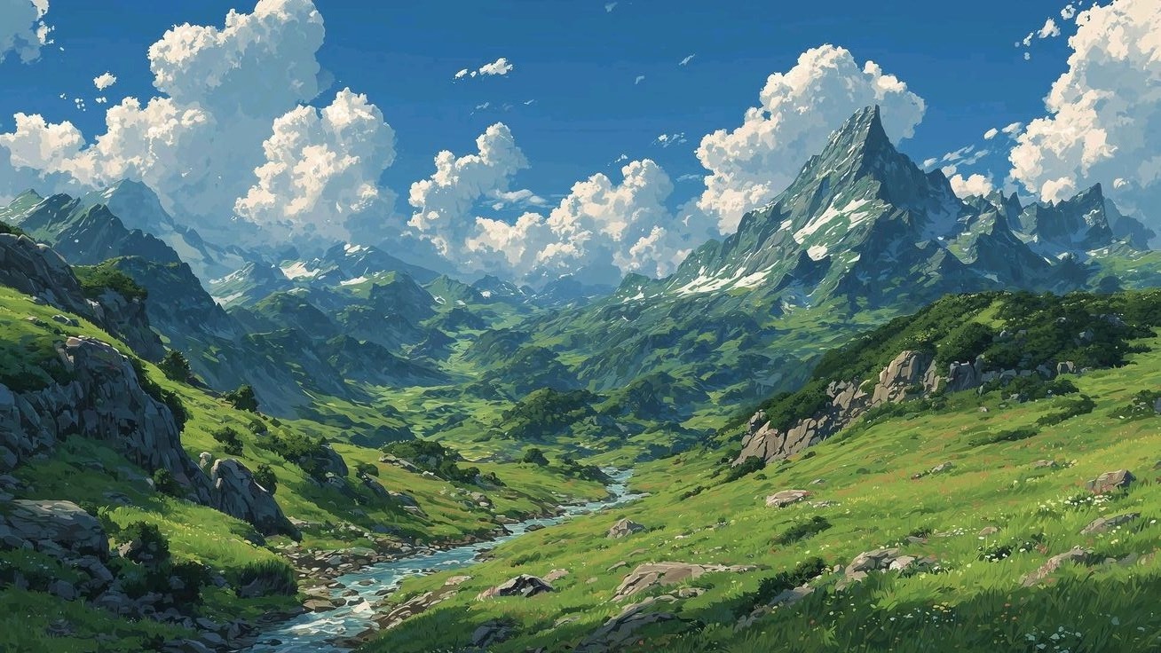 A painterly green valley with a stream winding beneath tall summer clouds